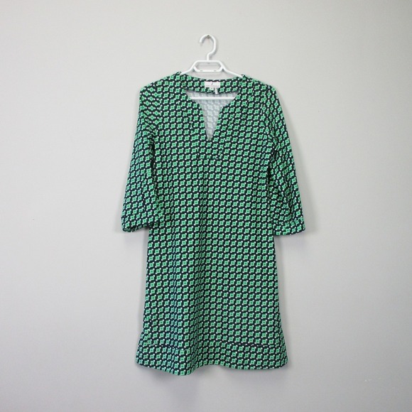 Jude Connally Shift Dress S Green Geometric 3/4 Sleeve Knee Length Retro 318 - Picture 1 of 9